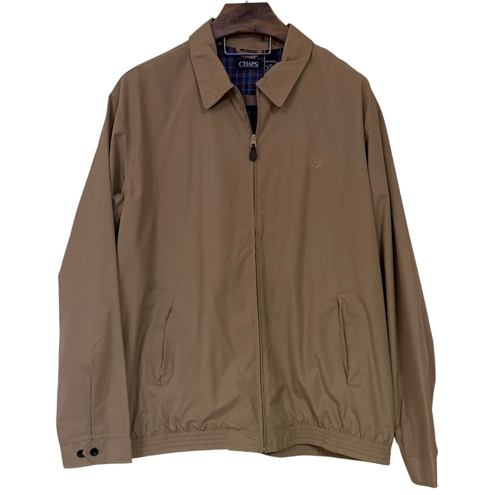 Chaps Mens 2XLT Tan Harrington Jacket Plaid Lined Full Zip Preppy Classic Golf